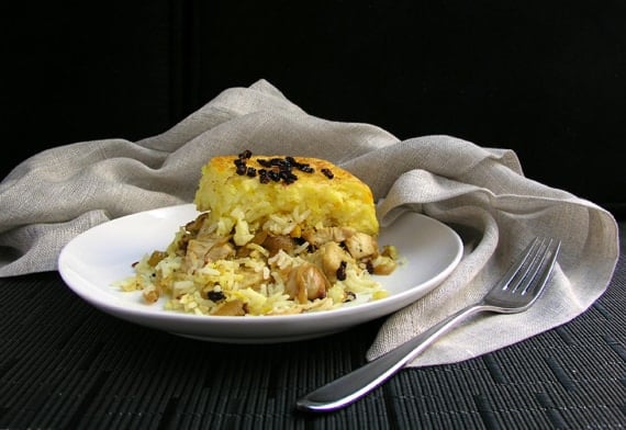 Tachin Joojeh, persian layered chicken, rice, yogurt