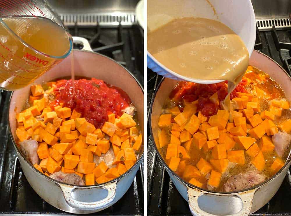 how to make peanut stew, an oval Dutch oven with sweet potato chunks and crushed tomatoes and chicken broth being poured in, a second photo of the same pot with peanut butter broth being poured in.