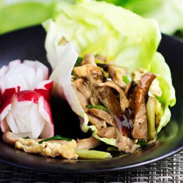 thin sliced stir-fried pork, cabbage, eggs, scallions and mushrooms wrapped in a lettuce leaf with hoisin sauce