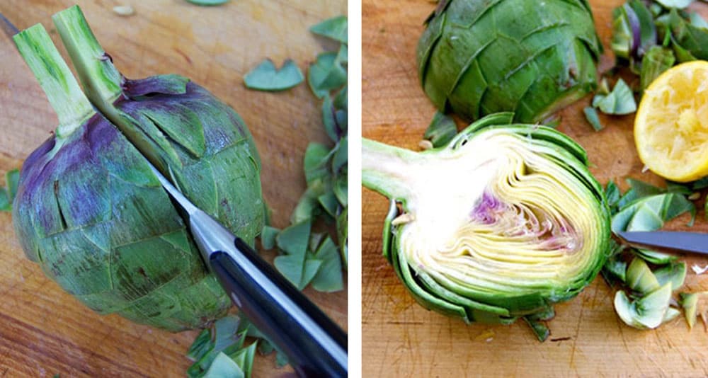 two photos: the first one shows an artichoke being sliced in half through the stem, the second shows the halved artichoke cut-side up, with a halved lemon beside it