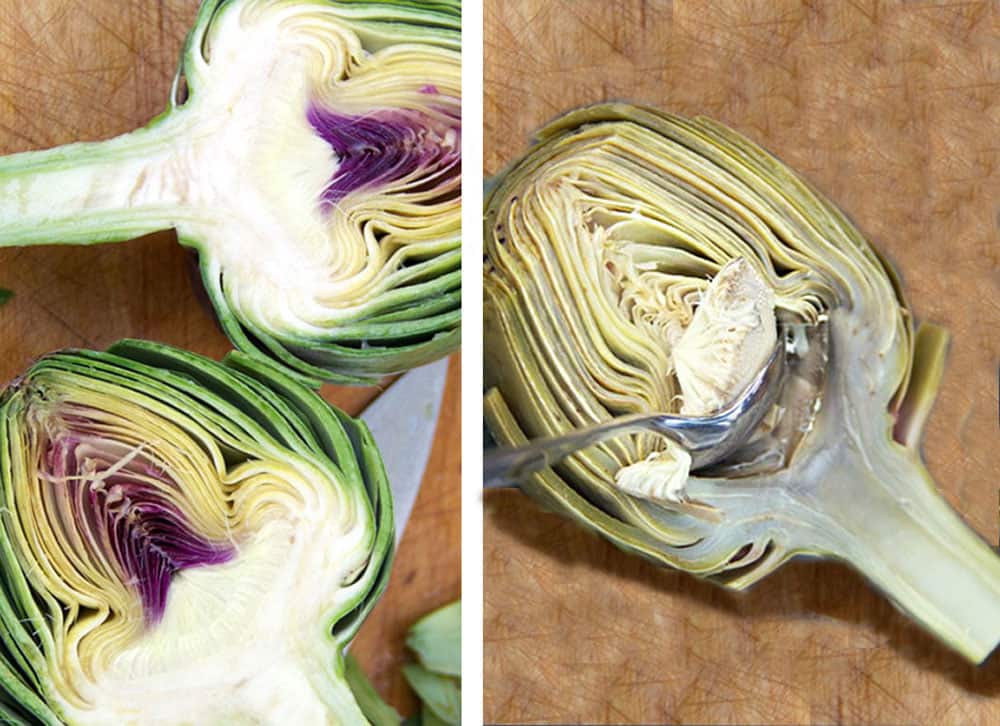 two photos, one showing two halves of a raw artichoke with the cut side up, the second shows half of a steamed artichoke with a spoon scooping out the choke