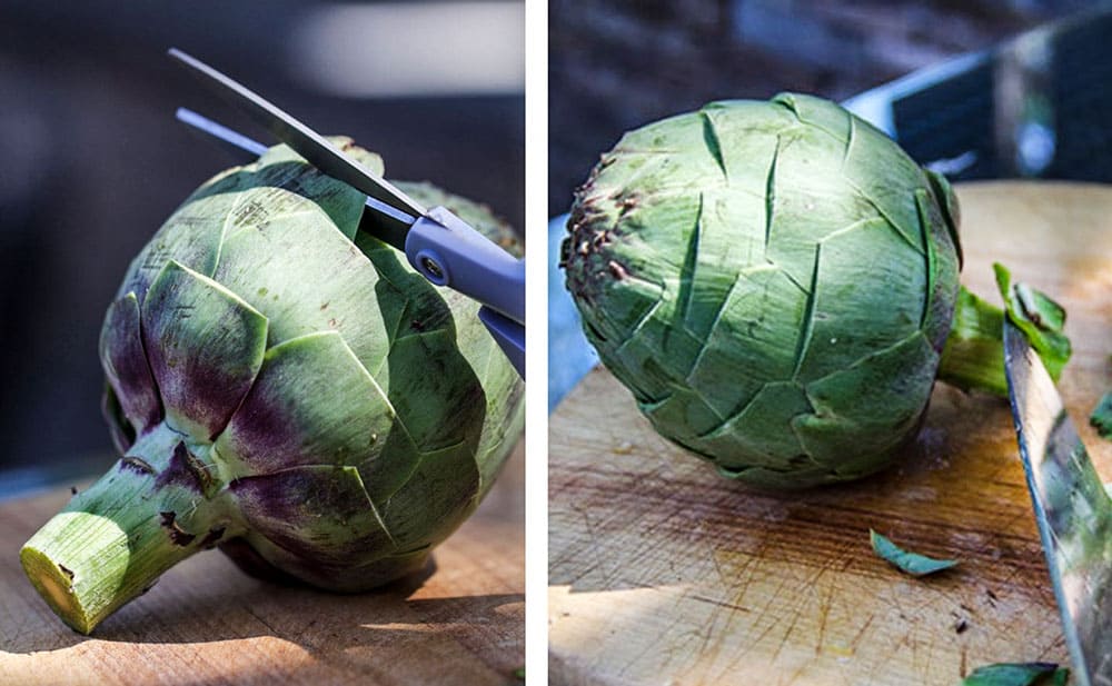 close up showing how to cut the thorny tip off of an artichoke leaf, next photo shows the trimmed artichoke and shows a knife being used to trim the outer layer of the stem