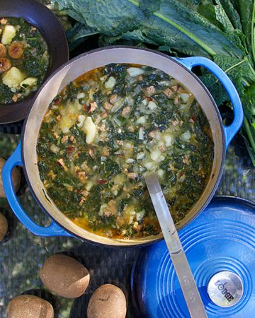 Pull out your Dutch oven for this delicious one pot dinner - Portuguese Sausage Kale Potato Soup|Panning The Globe