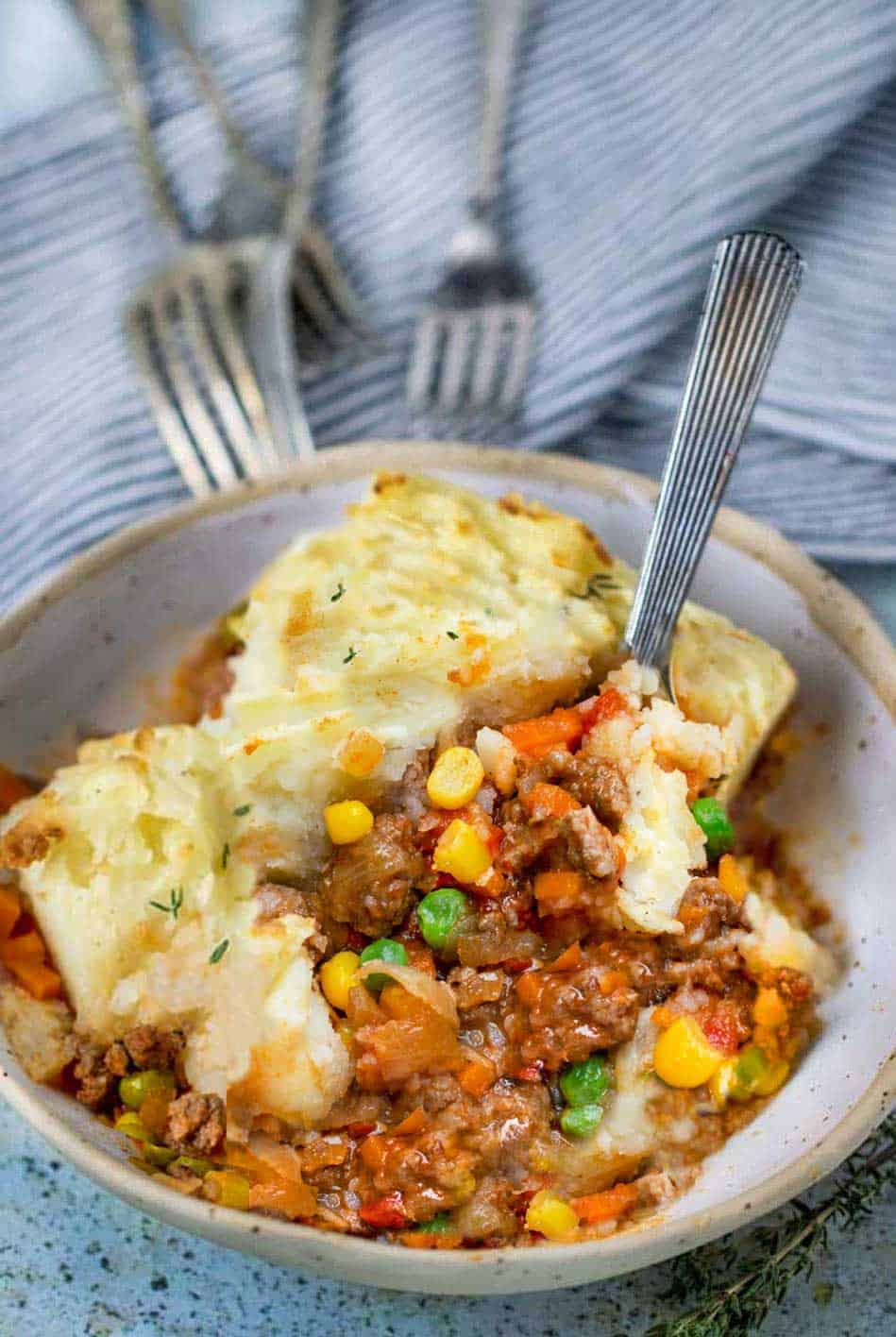 shepherds pie in a bowl with a fork