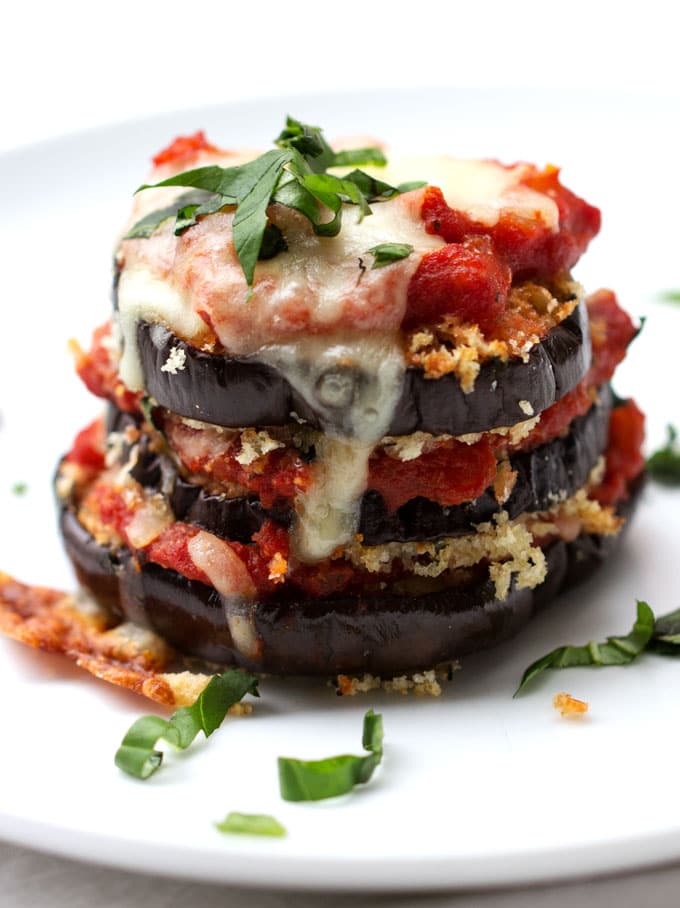 Eggplant Parmesan Stacks: baked eggplant towers with sauce and cheese