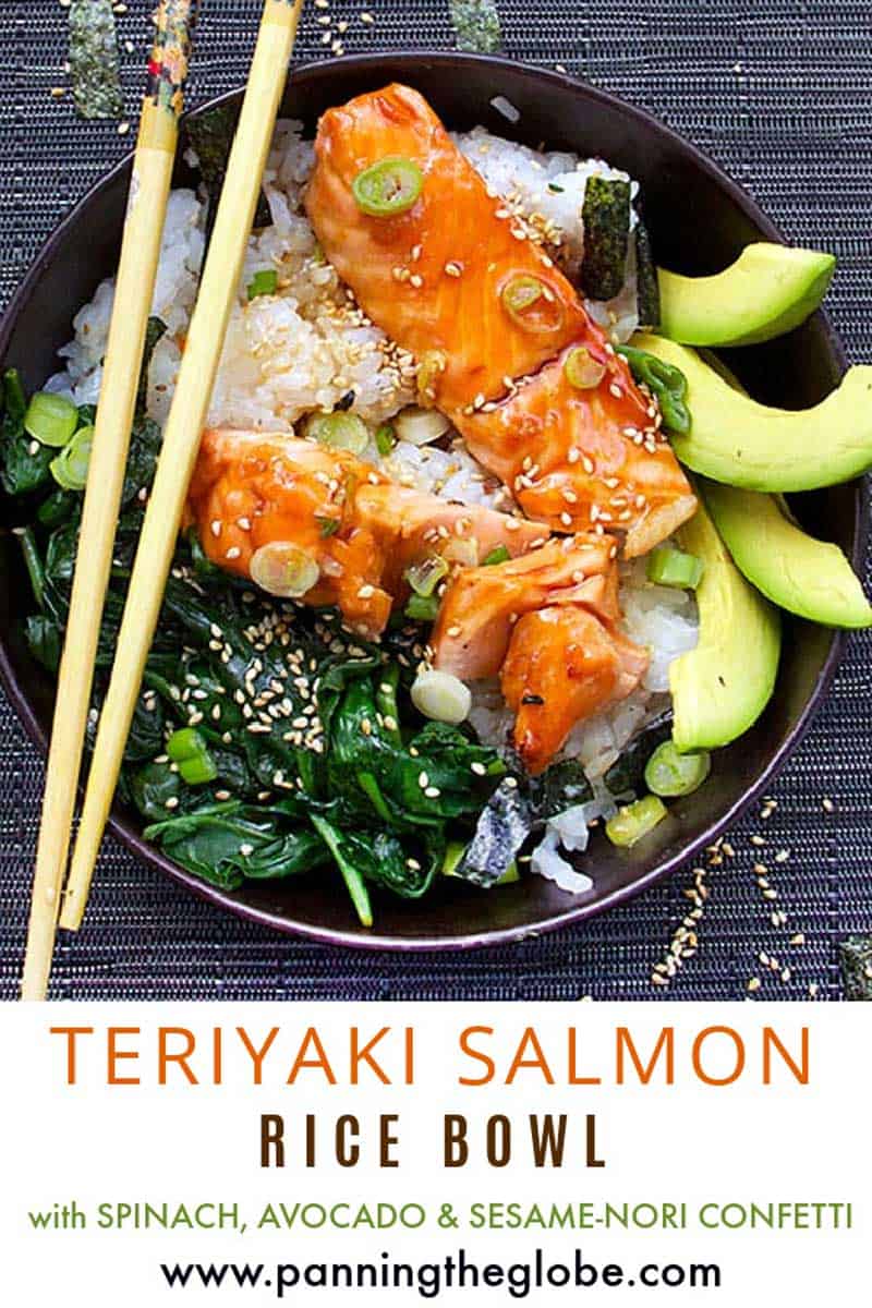 Teriyaki Salmon Rice Bowl with Spinach, Avocado and Sesame-Nori Confetti